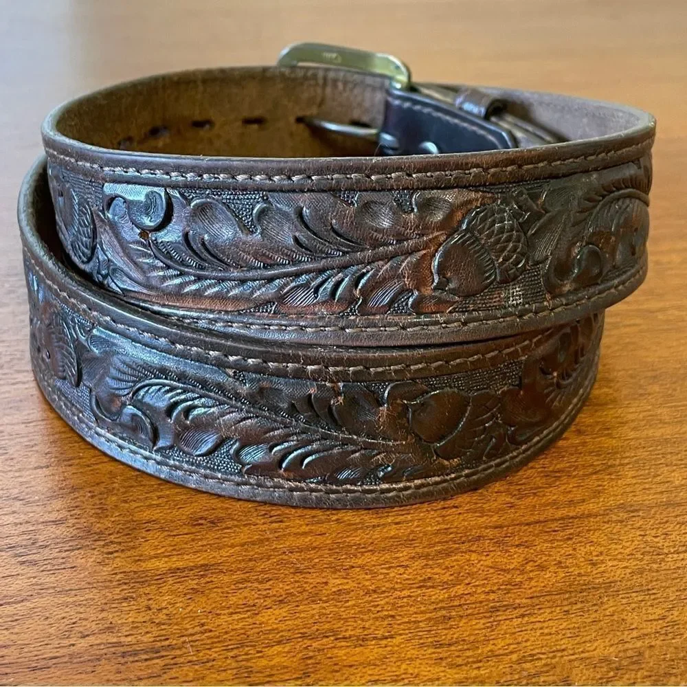 Vintage Chambers Embossed Leather Belt With Acorns and Leaves Brown Tan